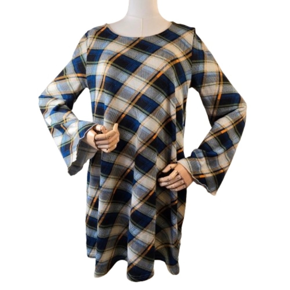 Umgee Plaid Long Sleeve Dress Suede Elbow Patches Small